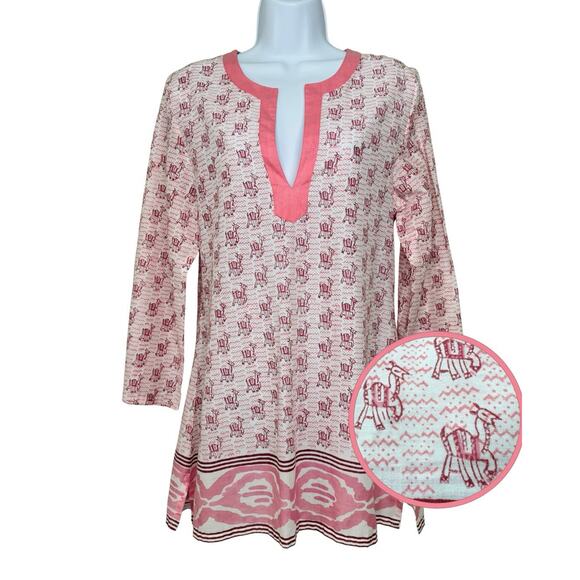 Anthropologie Pomegranate Boho Cotton Tunic S Pink White Resort Llama Print NWT - Picture 1 of 13